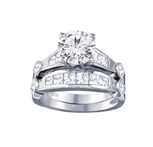 Silver 925 Rhodium Plated Clear CZ Bridal Wedding Ring Set