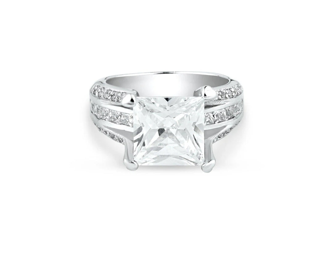 Silver 925 Rhodium Plated Princess Cut CZ Bridal Ring