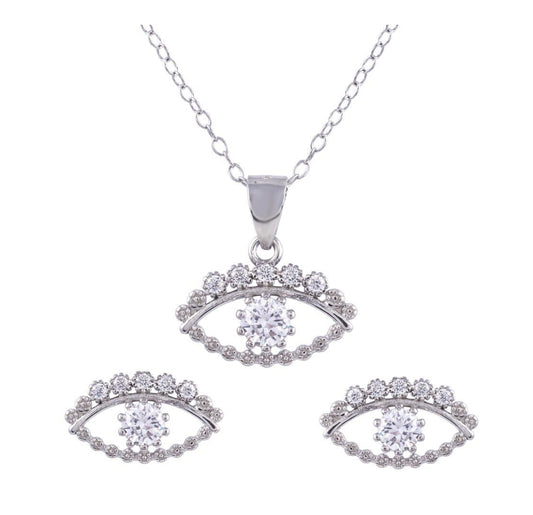 Rhodium Plated 925 Sterling Silver Clear CZ Evil Eye Set